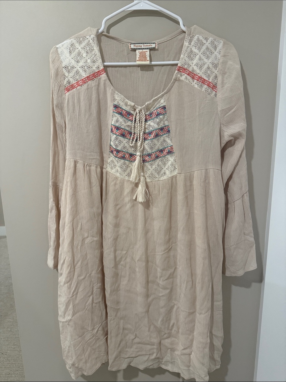 Flying Tomato Cream Boho Tunic with Colorful Embroidery